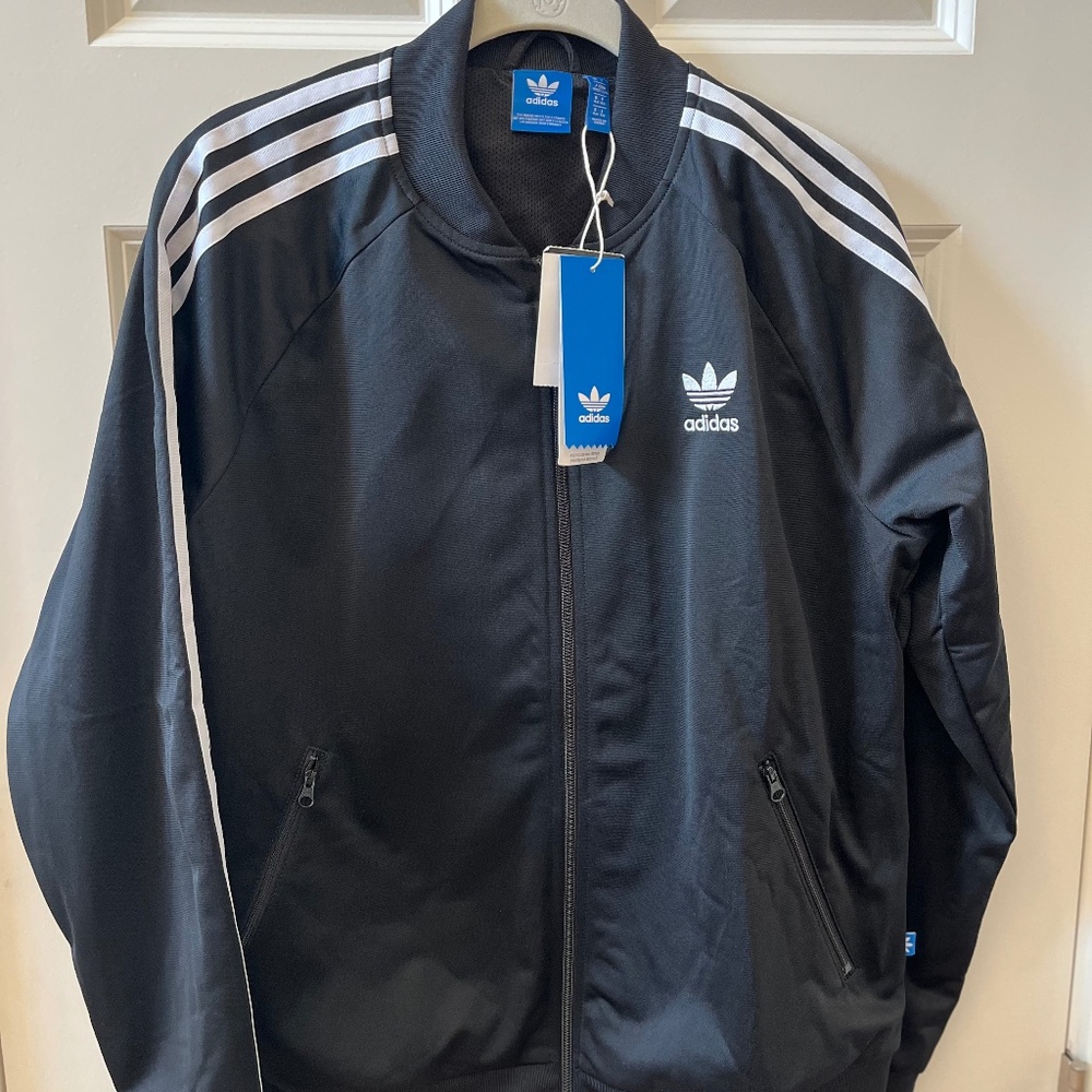 Adidas women's track jacket in black full zip three stripes large new with tags